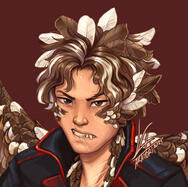 Portrait of a snarling bird person, with fangs, leucistic feathers, and a black-and-red jacket