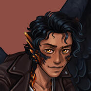 Portrait of a tan bird person with black feathers, tipped in fiery colours like embers. He's smirking and his golden eyes are looking at the camera