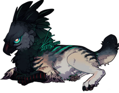 Stylized drawing of a griffon that is half harpy eagle, half wolf. It has black, gray, teal, cream and blue colours.