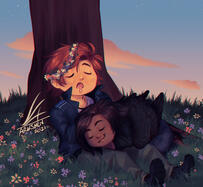 Stylized drawing of two men sleeping against a tree, in a field of flowers. One is caucasic, red headed and has a lop-sided flower crown. The other is brown skinned, has long hair and big black wings.
