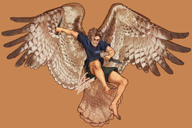 Fullbody drawing of a man with red-tailed hawk wings and tail. He's jumping into action, having a mischievous grin and holding a pair of knives.