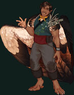 Fullbody drawing of a brown skinned man with long hair and a friendly disposition. He has huge brown and cream wings, and clothing with flowers embroidered in it.