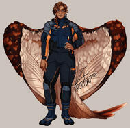 Fullbody drawing of a woman standing, a bit bored. She has curly hair, tan, freckled skin, and huge wings. Her plumage is white, brown and orange. She's wearing a blue and orange tactical flight suit.