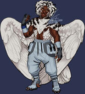 Fullbody drawing of a black woman with a powerful stance. She has huge white wings, and white feathers covering most of her body. She's wearing baggy techwear pants and parkour gloves.