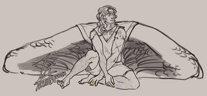 Fullbody sketch of a woman with a muscular build, sitting on the floor with a relaxed pose. She has a pair of huge wings resting at her sides.