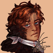 Full coloured painted portrait of a woman with tan skin, freckles, and wavy hair. She has whiskers, and feathers covering her ears and shoulders. There's a white bandana tied to her neck.