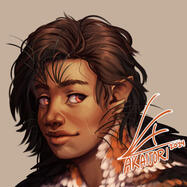 Full coloured painted portrait of a mestizo man with long hair, bat-like ears and whiskers. He has black, orange, and white feathers over his shoulders.