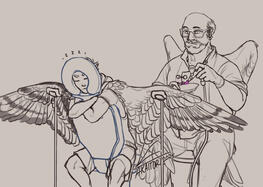 Fullbody sketch of a handsome young man, taking a nap on a reversed chair. He has a pair of mid-sized wings, extended at his sides in holders and showcasing a half-made pattern. Behind him there's a balding, middle-aged man, also winged, applying dye to th