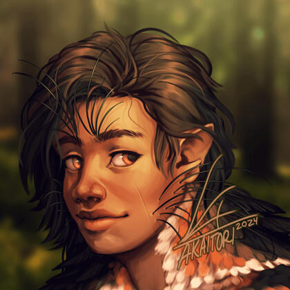 Portrait illustration of Kaelan, a man with bat-like ears, whiskers, and feathers. He has warm lighting and has a blurry forest background